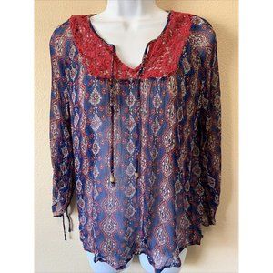 Lucky Brand Printed Peasant Blouse Semi Sheer M